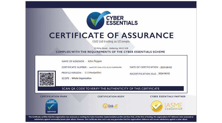 Cyber Essentials Certificate of Assurance