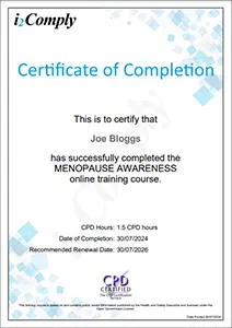 Menopause Awareness Example Certificate CPD